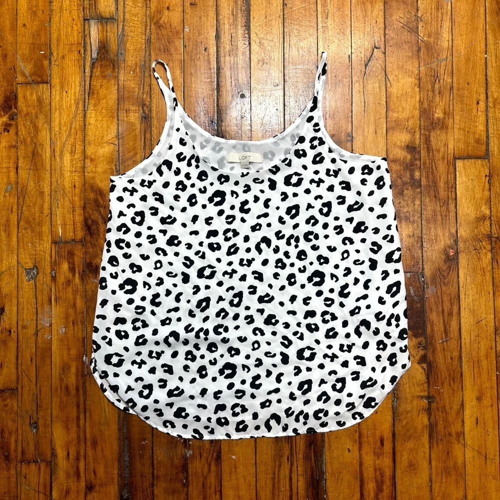 LOFT Cami Tank Top Women's Medium White Black Leopard Print Sleeveless Preppy